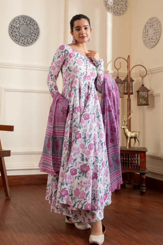 White & Lavender Cotton Anarkali Suit (Set of 3)