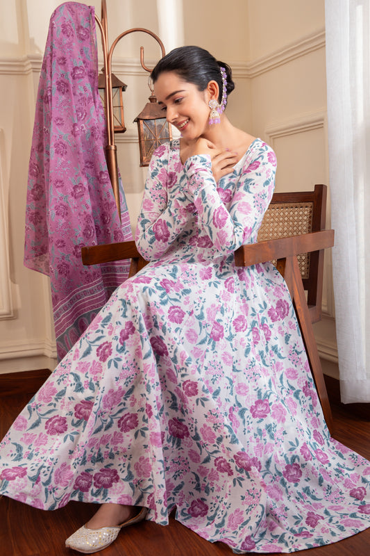 White & Lavender Cotton Anarkali Suit (Set of 3)