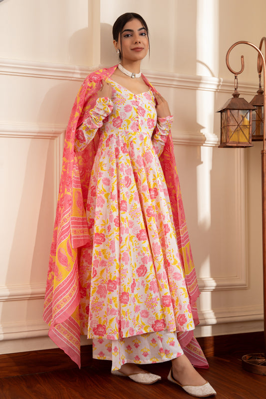 White & Pink Cotton Anarkali Suit (Set of 3)