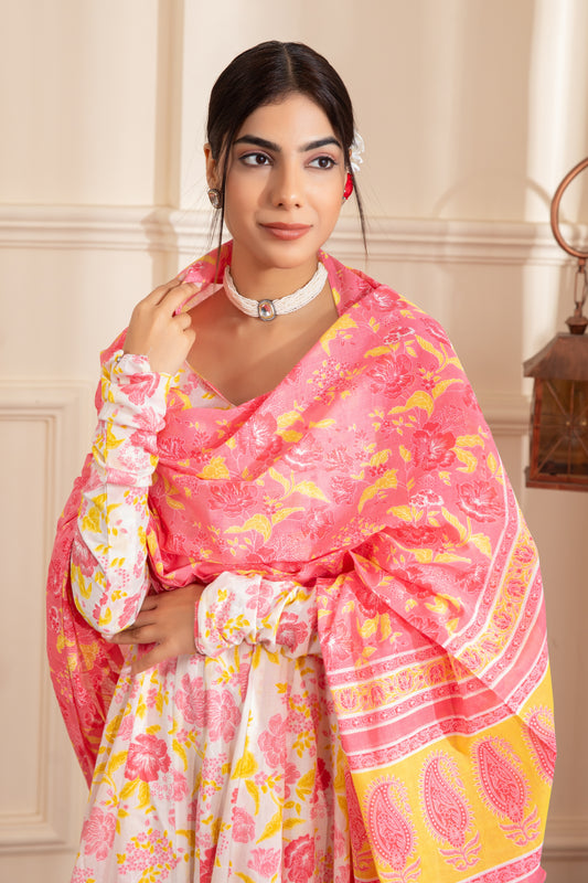 White & Pink Cotton Anarkali Suit (Set of 3)