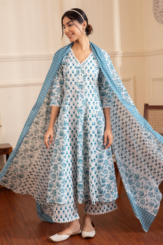 Blue & White Cotton Suit (Set of 3)