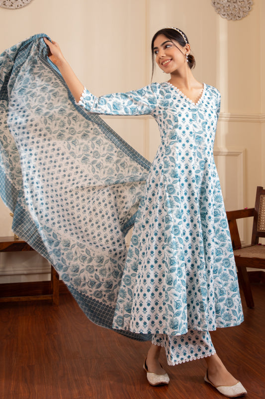 Blue & White Cotton Suit (Set of 3)