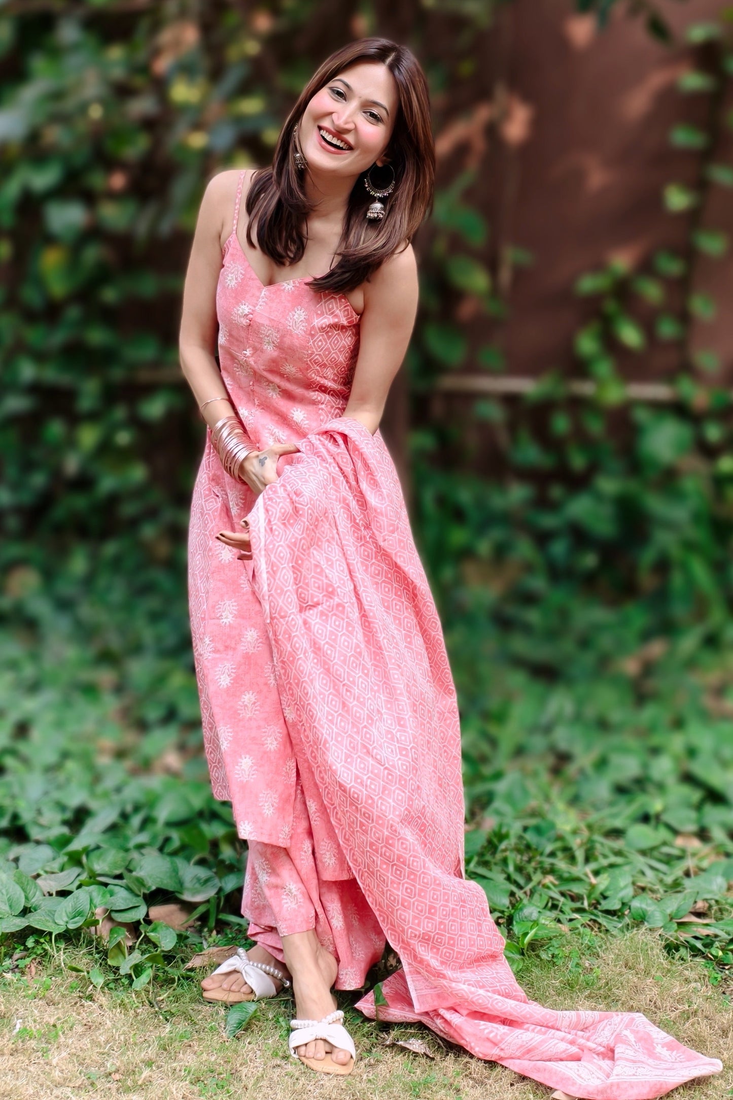 Pastel Pink Noodle Strap Cotton Suit (Set of 3)