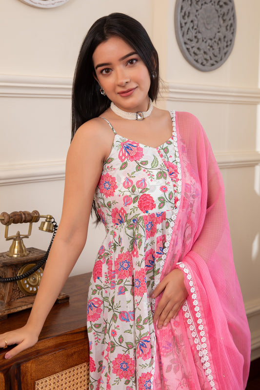Pink & White Noodle Strap Cotton Anarkali Suit Set (Set of 3)