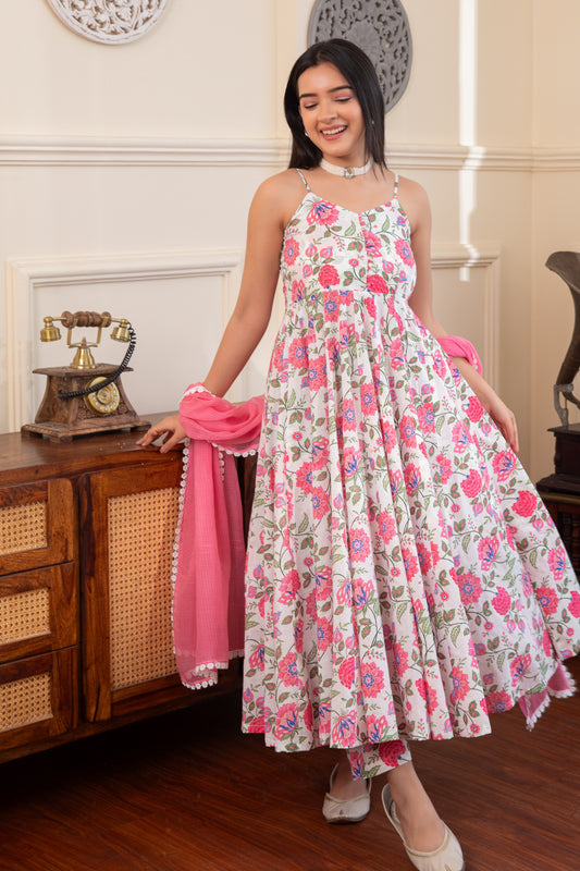 Pink & White Noodle Strap Cotton Anarkali Suit Set (Set of 3)
