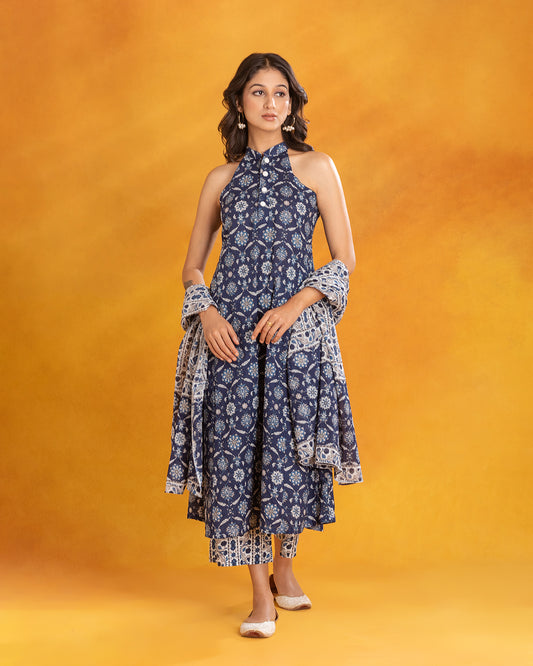 Indigo Halter Neck Kurta (Set of 3)