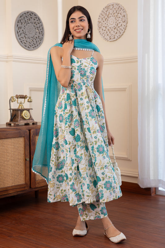 Blue & White Noodle Strap Cotton Anarkali Suit Set (Set of 3)