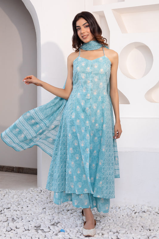 Pastel Blue Noodle Strap Cotton Suit (Set of 3)