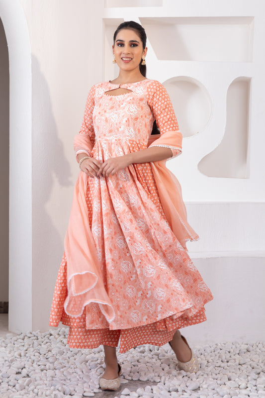Pastel Orange Cotton Suit with Potli Button Detailing (Set of 3)