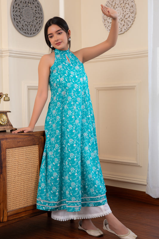Halter Neck Blue Cotton Kurta with Palazzo (Set of 2)