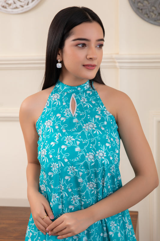 Halter Neck Blue Cotton Kurta with Palazzo (Set of 2)