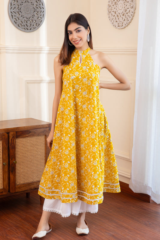 Halter Neck Yellow Cotton Kurta with Palazzo (Set of 2)