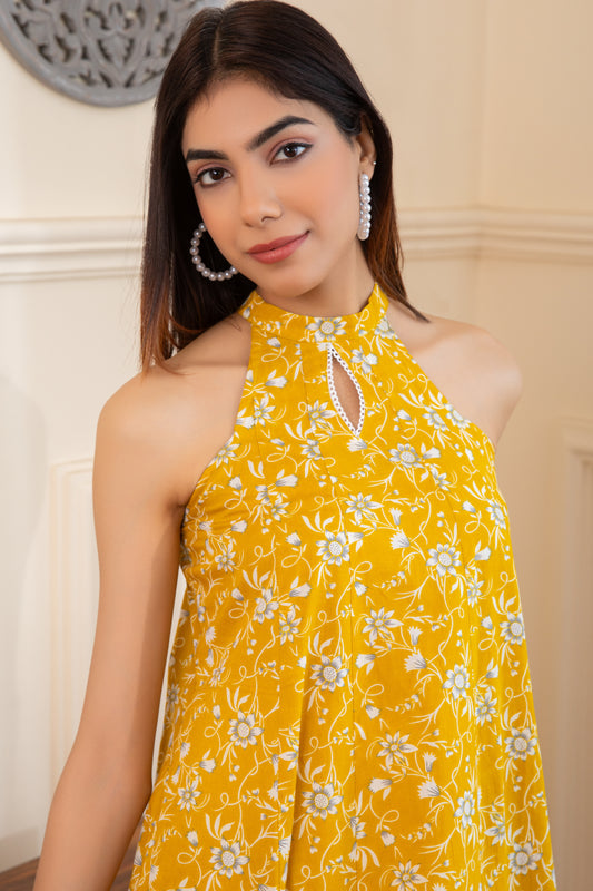Halter Neck Yellow Cotton Kurta with Palazzo (Set of 2)