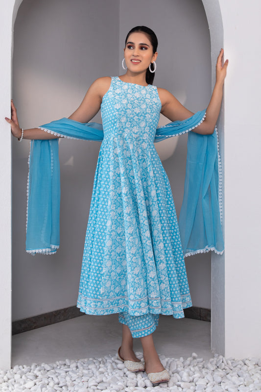 Blue Halter Neck Printed Cotton Suit (Set of 3)
