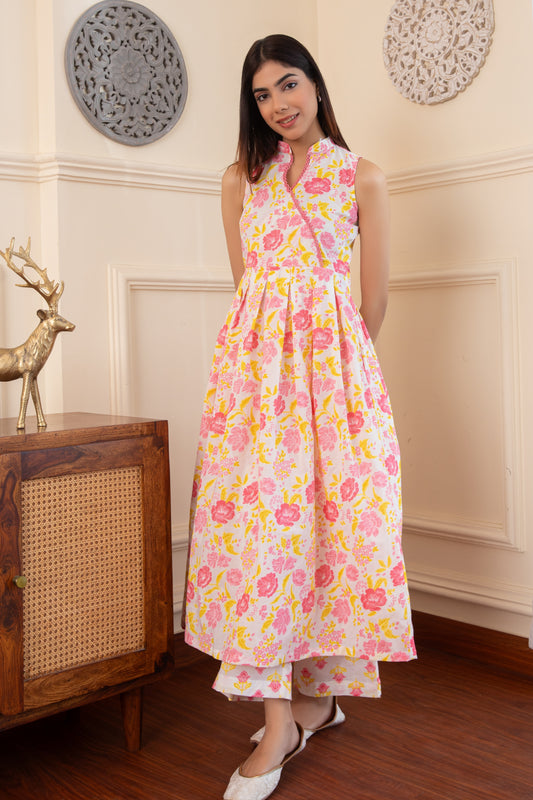 White & Pink Box Pleated Kurta with Palazzo (Set of 2)