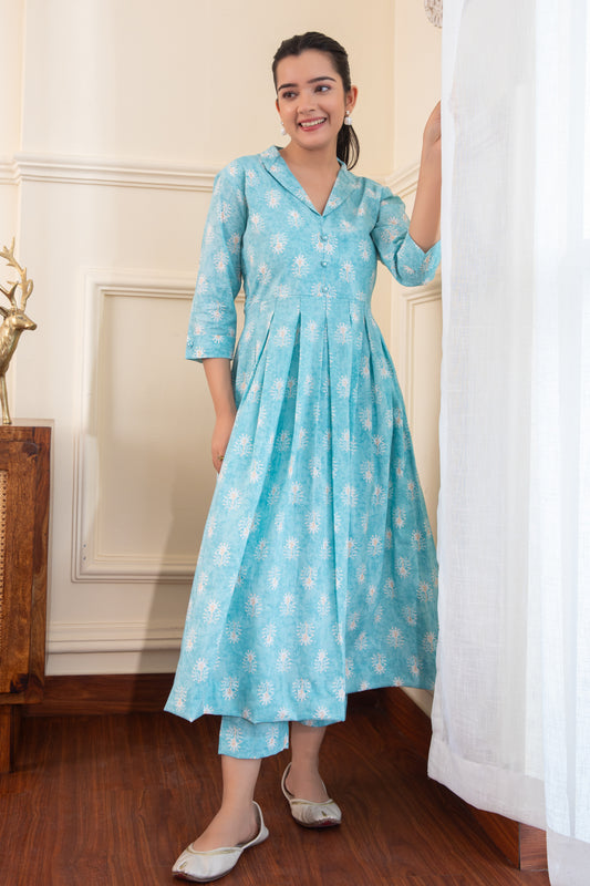 Sky Blue Box Pleated Kurta with Palazzo (Set of 2)