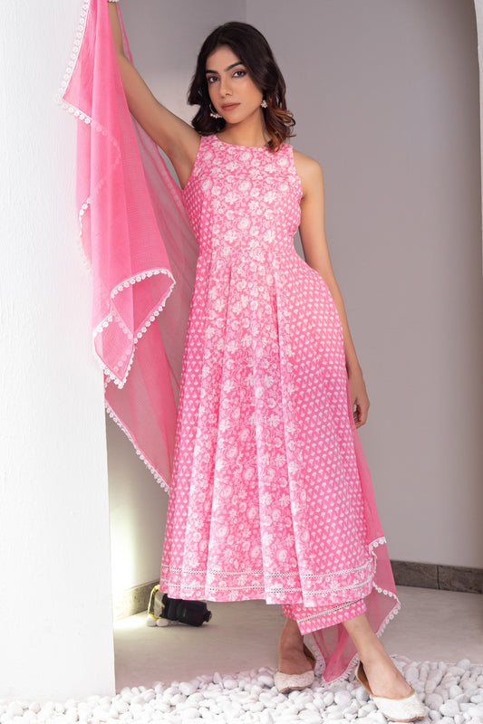 Pink Halter Neck Printed Cotton Suit (Set of 3)