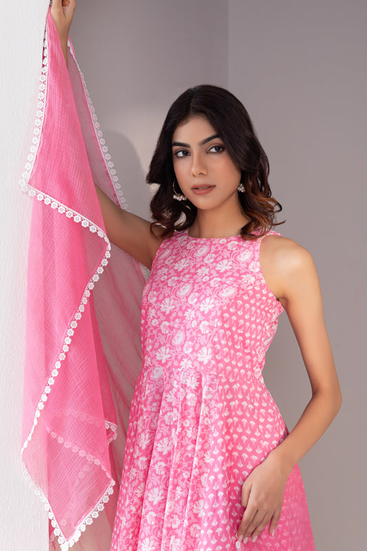 Pink Halter Neck Printed Cotton Suit (Set of 3)