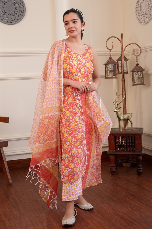 Orange Handblock Printed Suit (Set of 3)