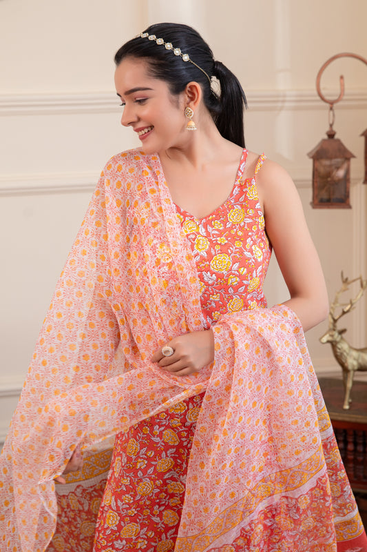Orange Handblock Printed Suit (Set of 3)
