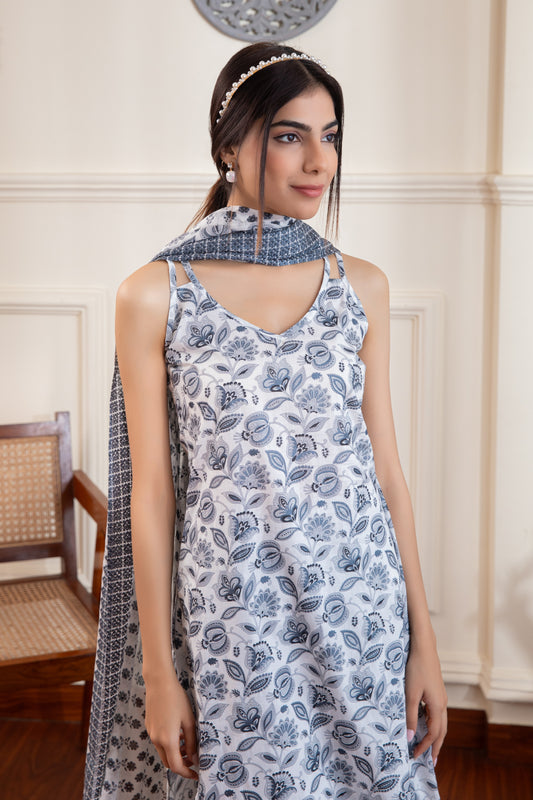 White & Black Noodle Strap Kurta & Palazzo (Set of 3)