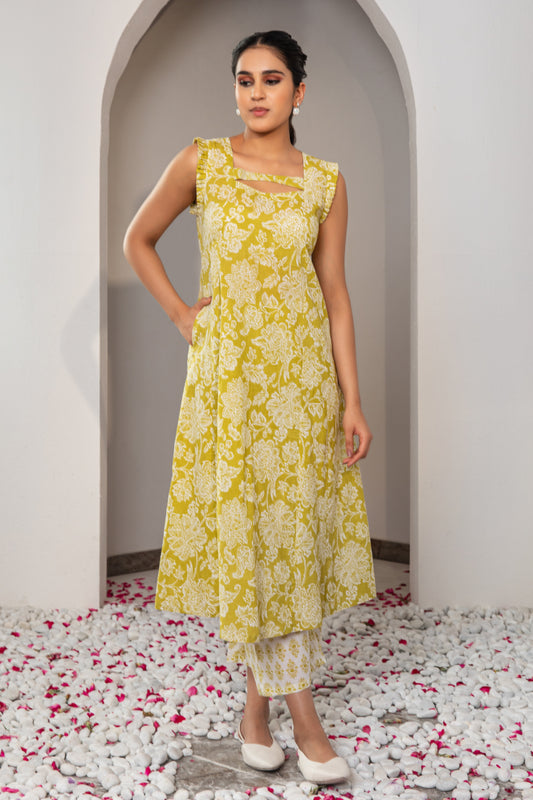 Green Cotton Printed Kurta with Palazzo (Set of 2)