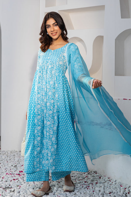 Blue Gathered Printed Cotton Suit (Set of 3)