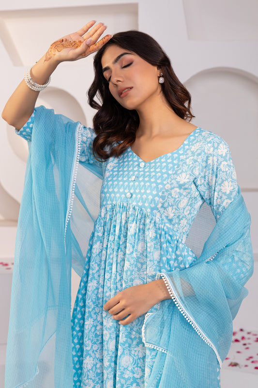 Blue Gathered Printed Cotton Suit (Set of 3)