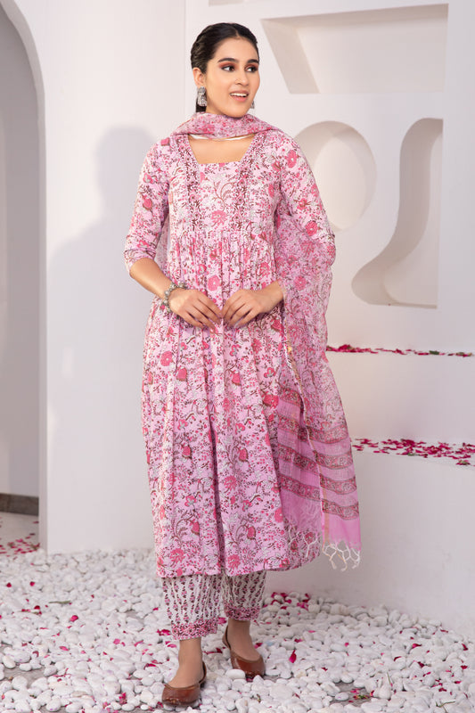 Pink & White Hand Block Printed Suit (Set of 3)