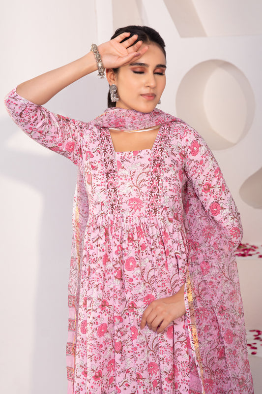 Pink & White Hand Block Printed Suit (Set of 3)