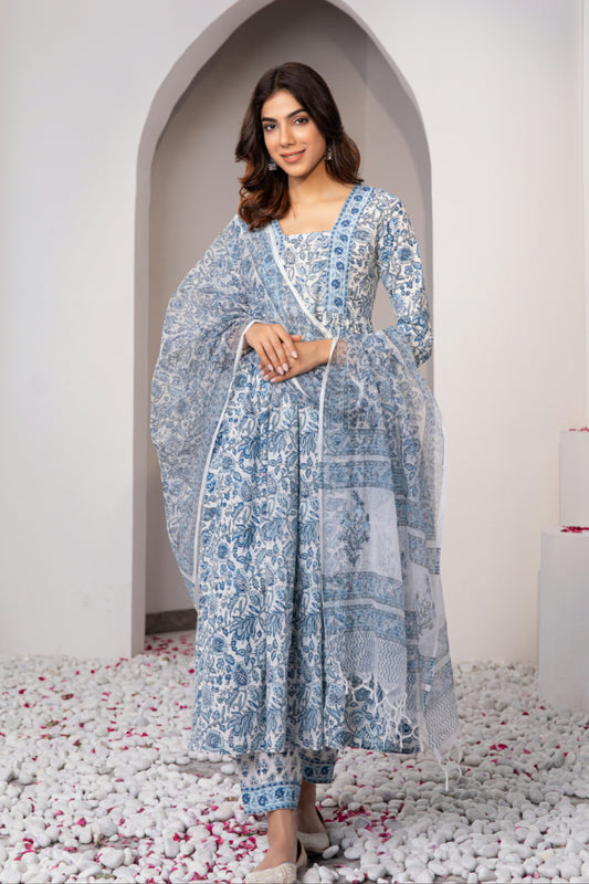 Blue & White Hand Block Printed Suit (Set of 3)