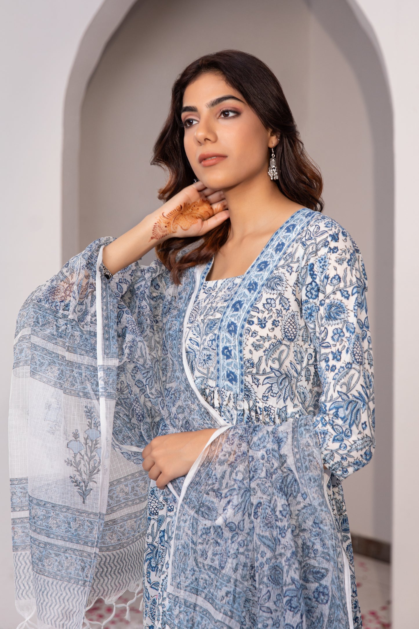 Blue & White Hand Block Printed Suit (Set of 3)