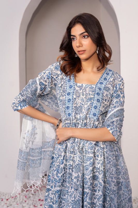 Blue & White Hand Block Printed Suit (Set of 3)