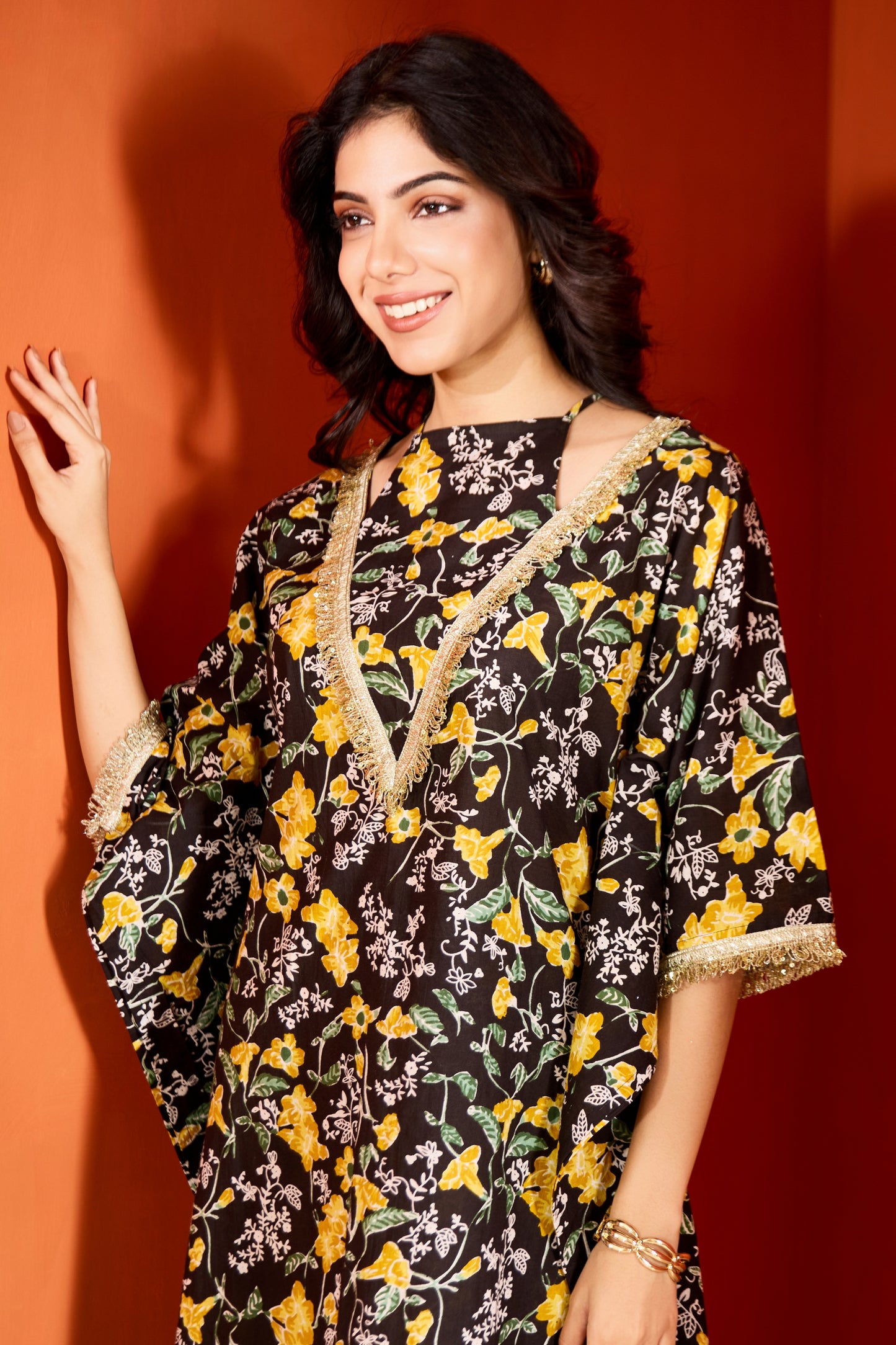 Black Cotton Printed Kaftan with Pants (Set of 2)