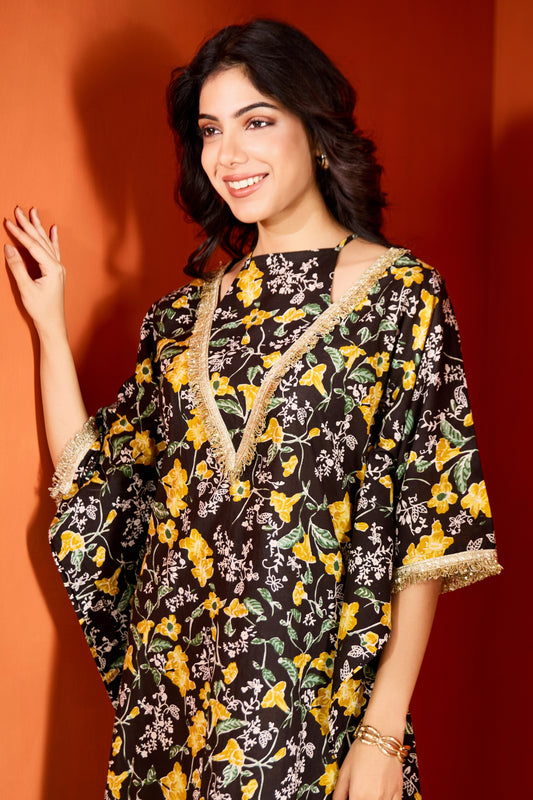Black Cotton Printed Kaftan with Pants (Set of 2)
