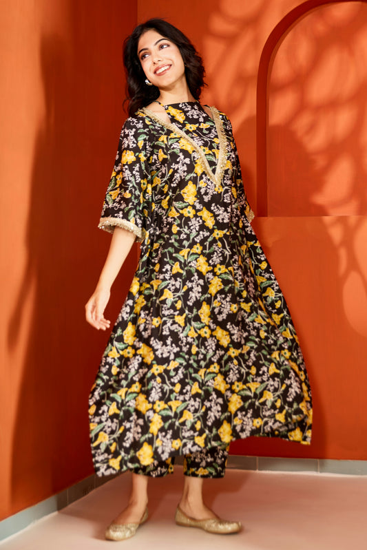 Black Cotton Printed Kaftan with Pants (Set of 2)