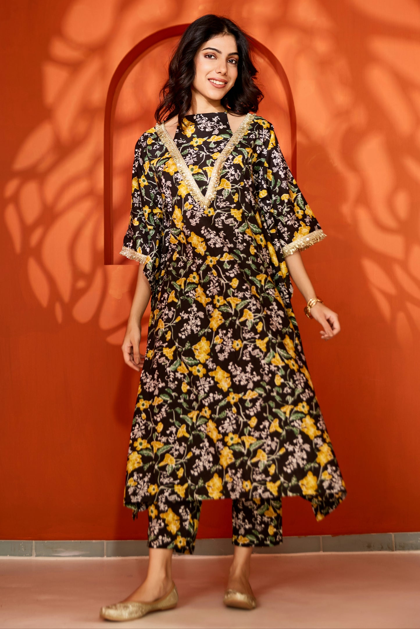 Black Cotton Printed Kaftan with Pants (Set of 2)