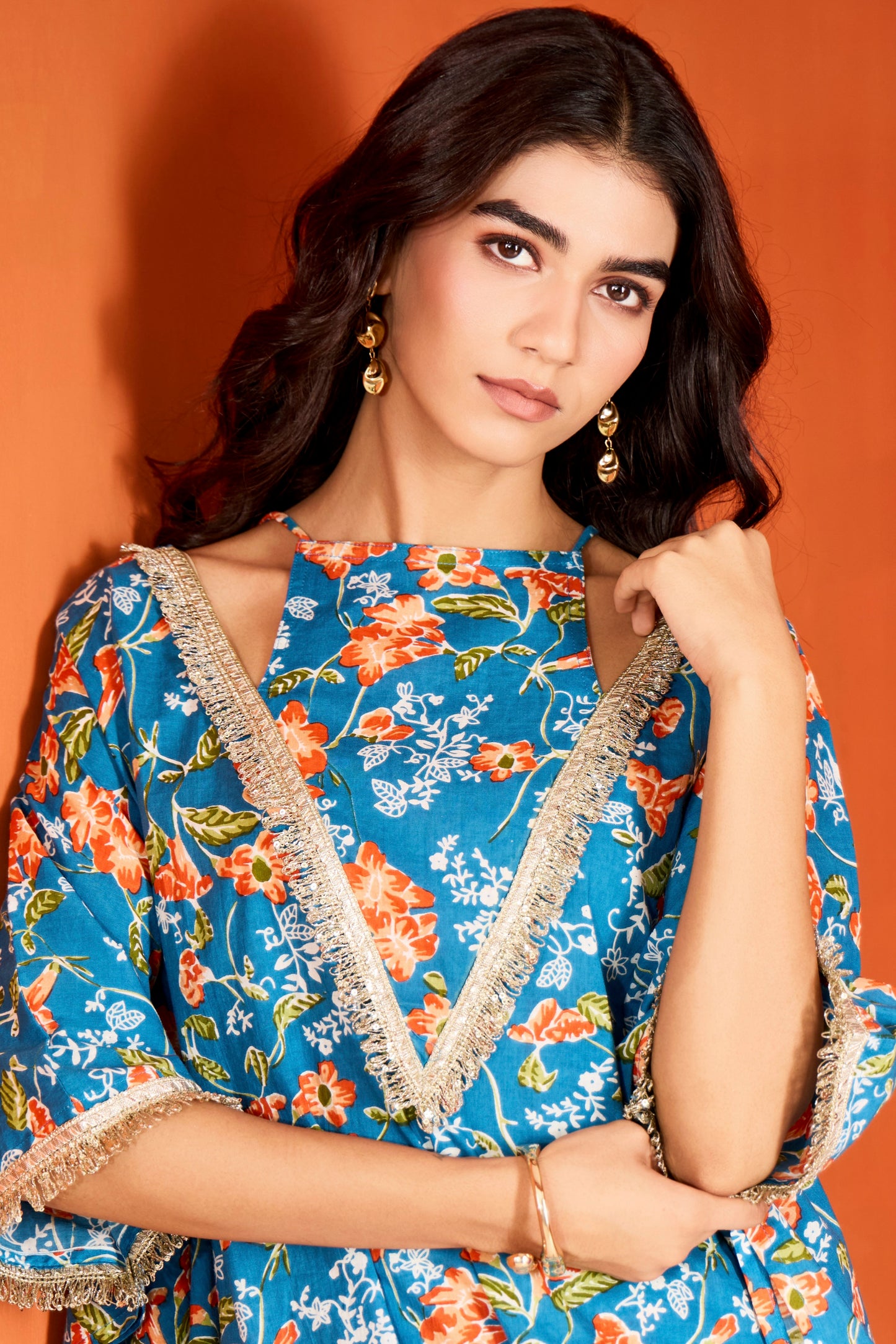 Blue Cotton Printed Kaftan with Pants (Set of 2)