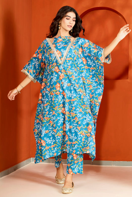 Blue Cotton Printed Kaftan with Pants (Set of 2)