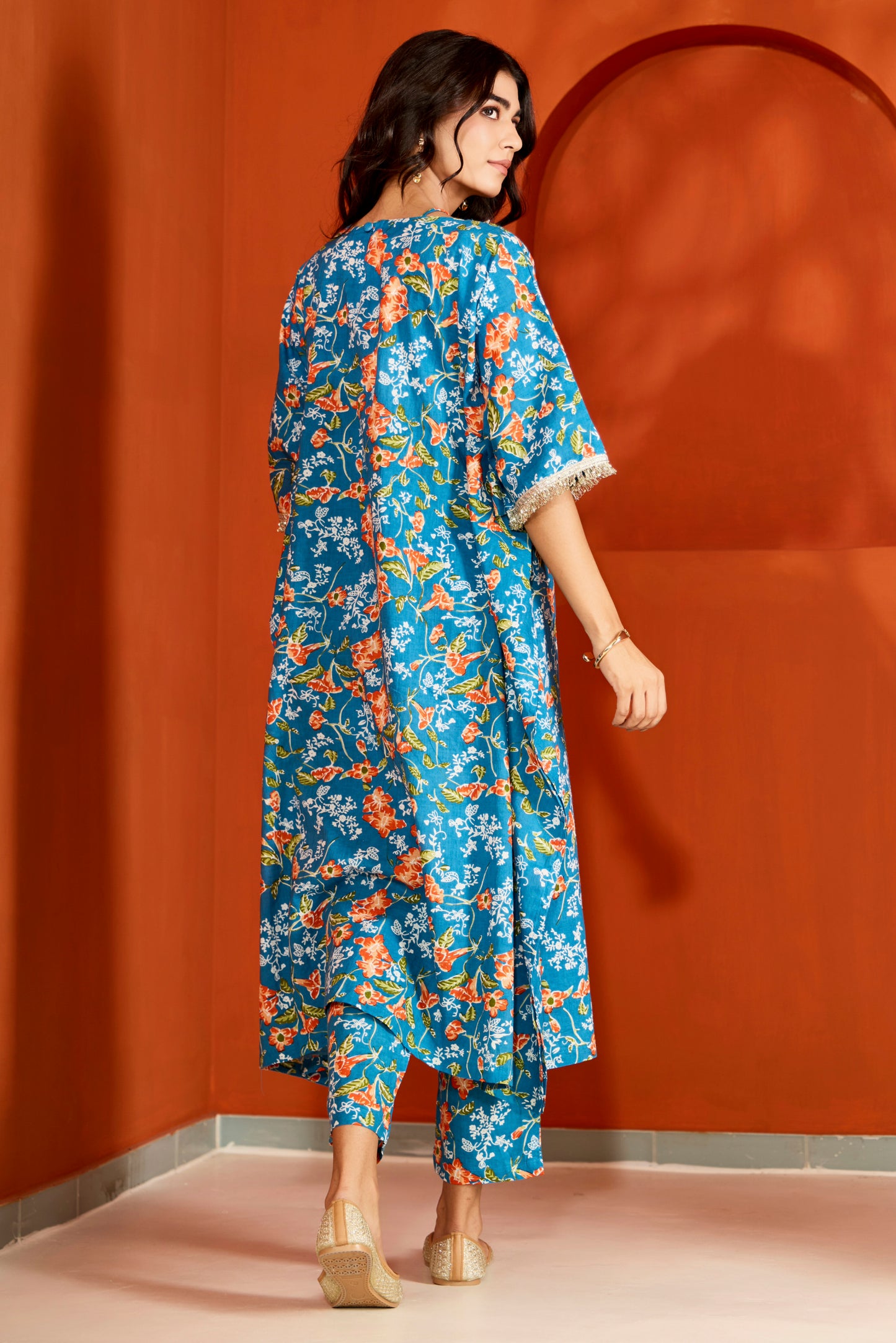 Blue Cotton Printed Kaftan with Pants (Set of 2)