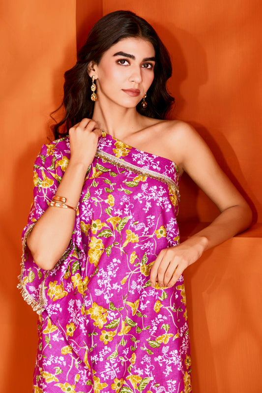 One Shoulder Purple Cotton Kurta with Palazzo (Set of 2)