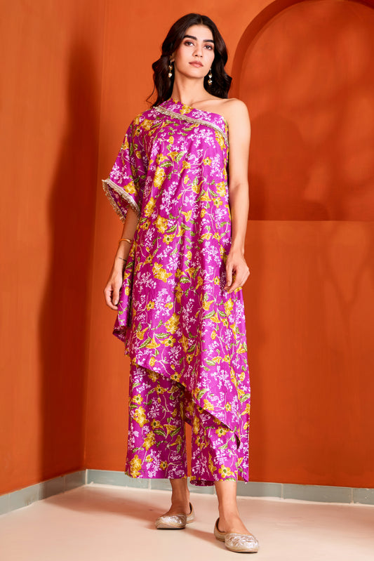 One Shoulder Purple Cotton Kurta with Palazzo (Set of 2)