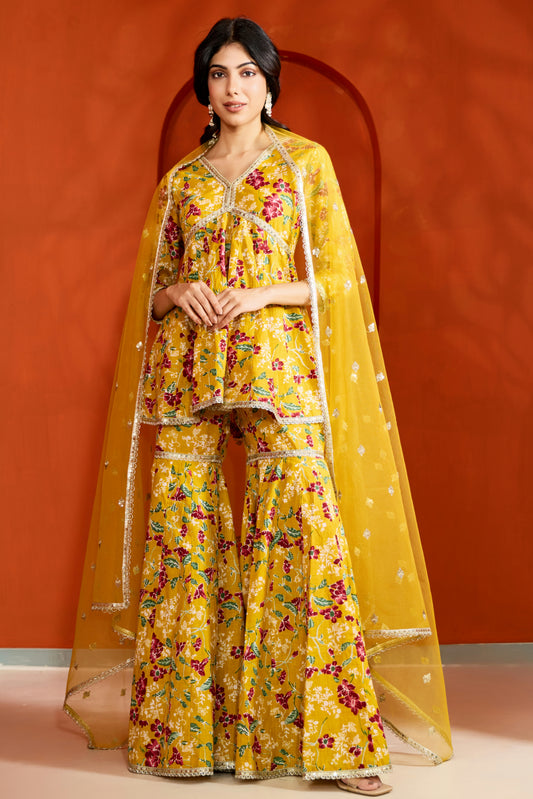 Mustard Cotton Printed Sharara (Set of 3)