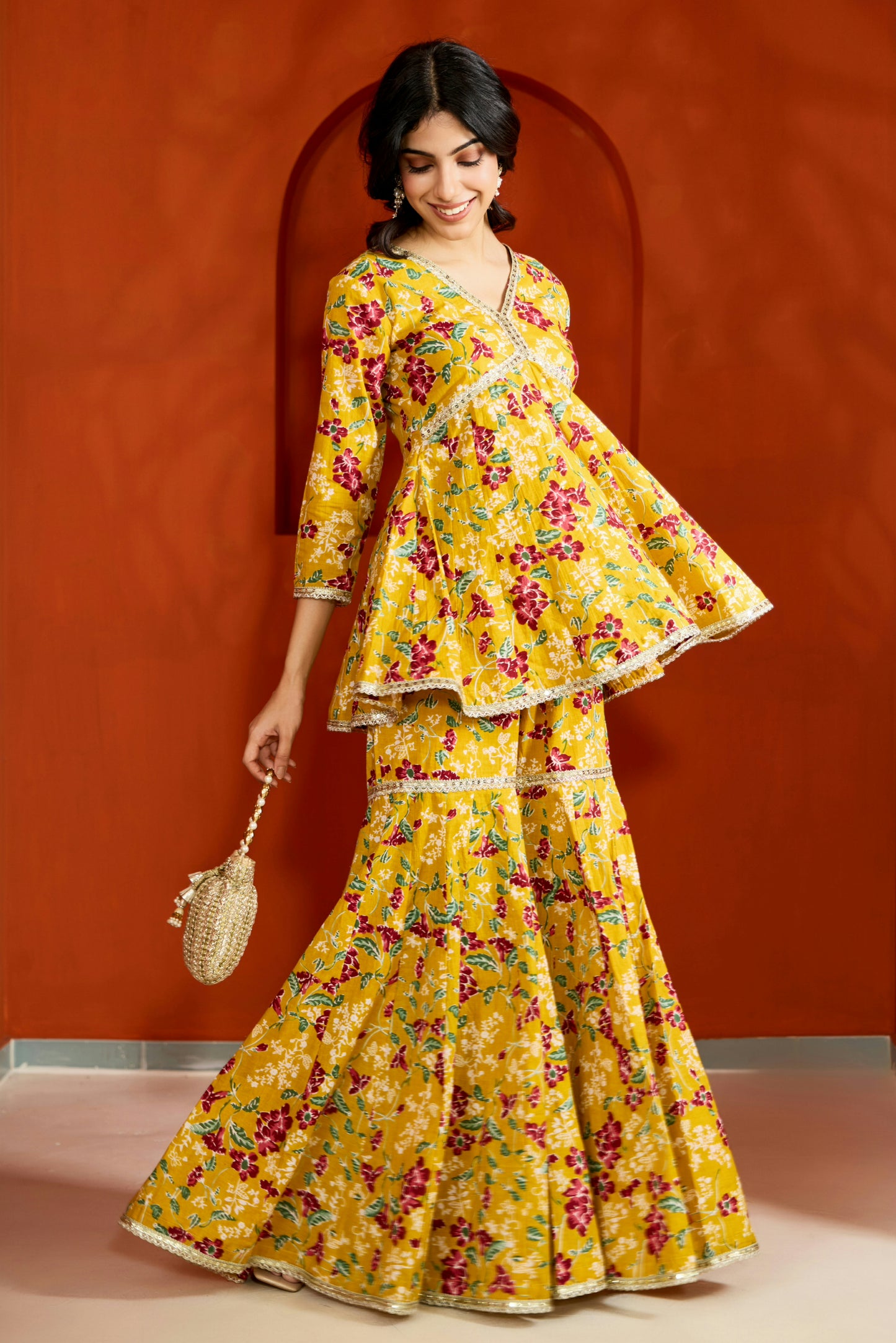 Mustard Cotton Printed Sharara (Set of 3)