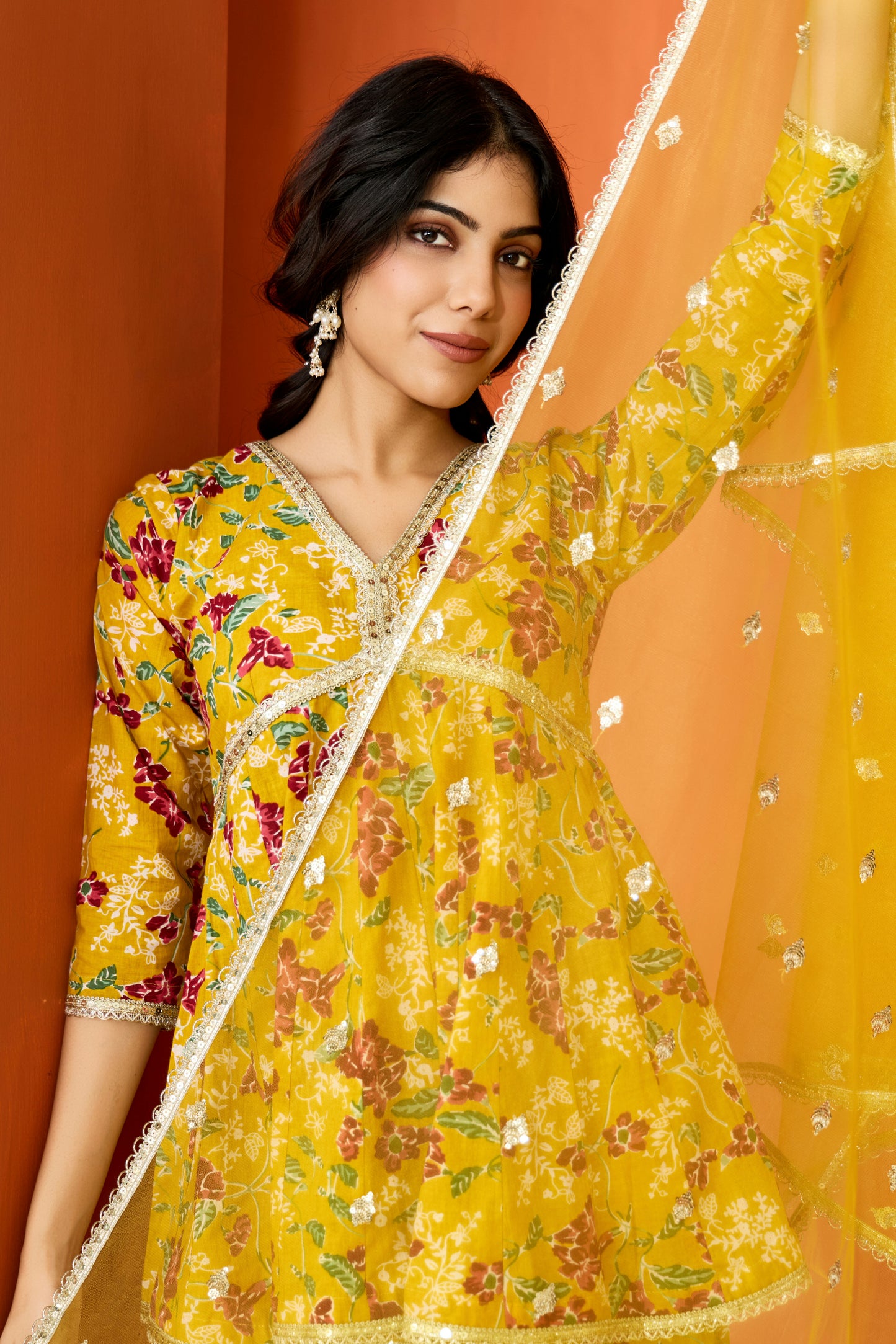 Mustard Cotton Printed Sharara (Set of 3)