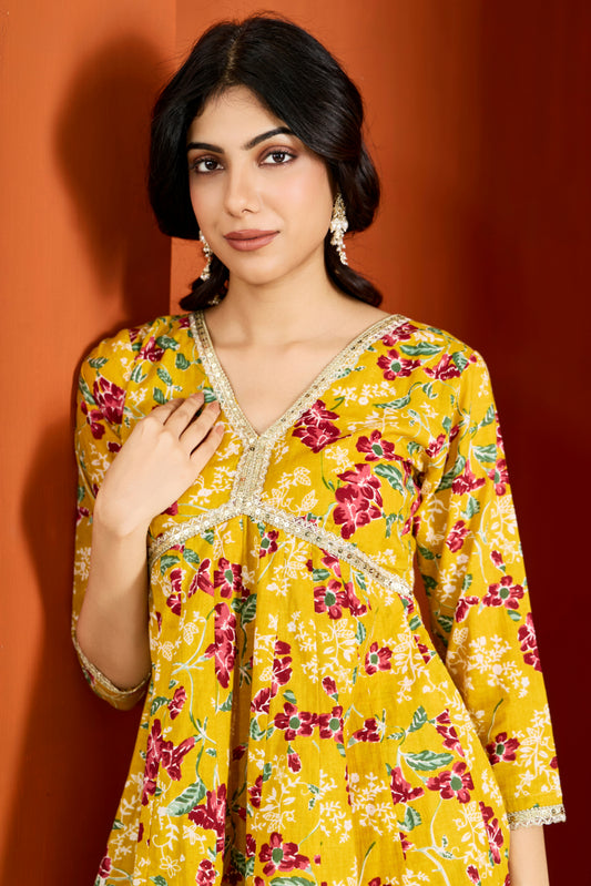 Mustard Cotton Printed Sharara (Set of 3)