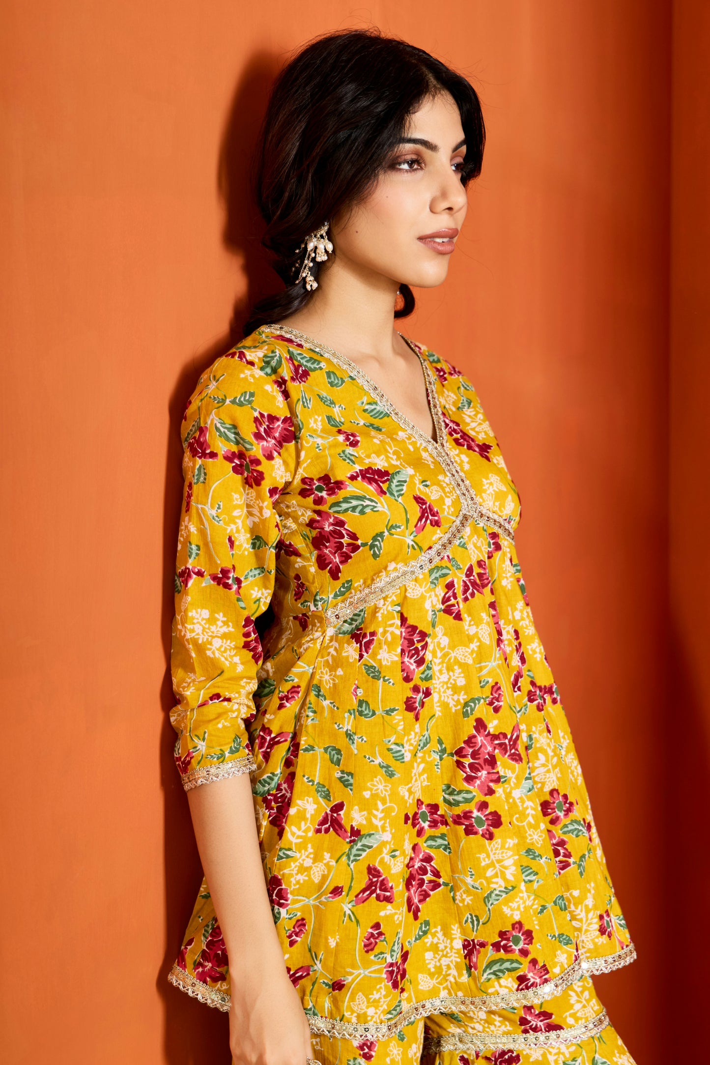 Mustard Cotton Printed Sharara (Set of 3)