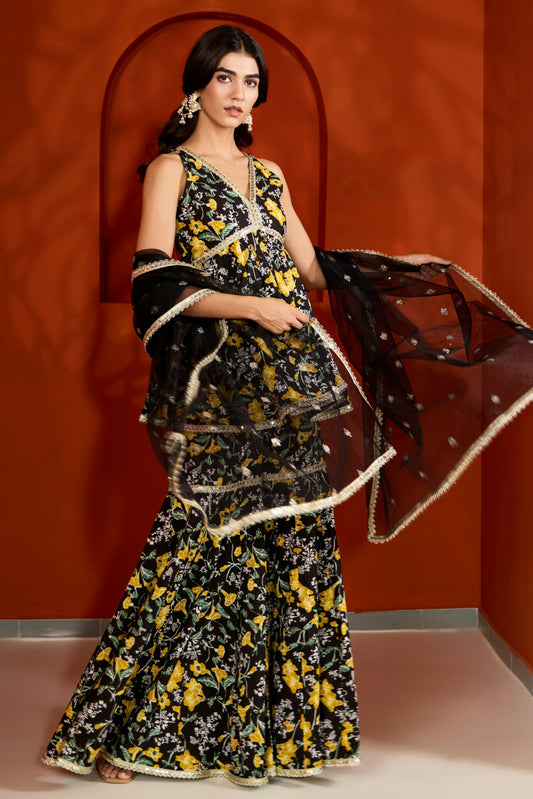 Black Cotton Printed Sharara (Set of 3)