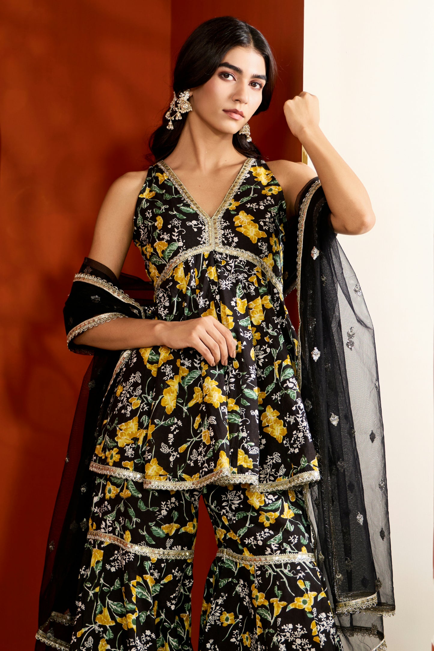 Black Cotton Printed Sharara (Set of 3)