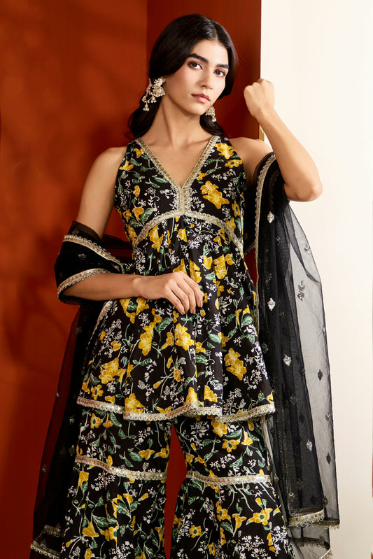 Black Cotton Printed Sharara (Set of 3)